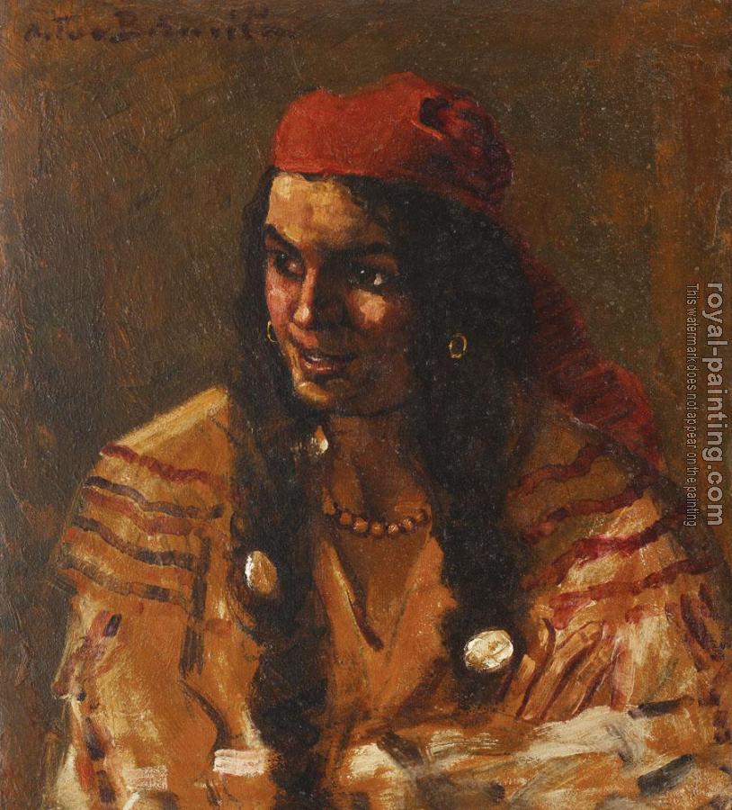 Octav Bancila : Gypsy woman with red scarf